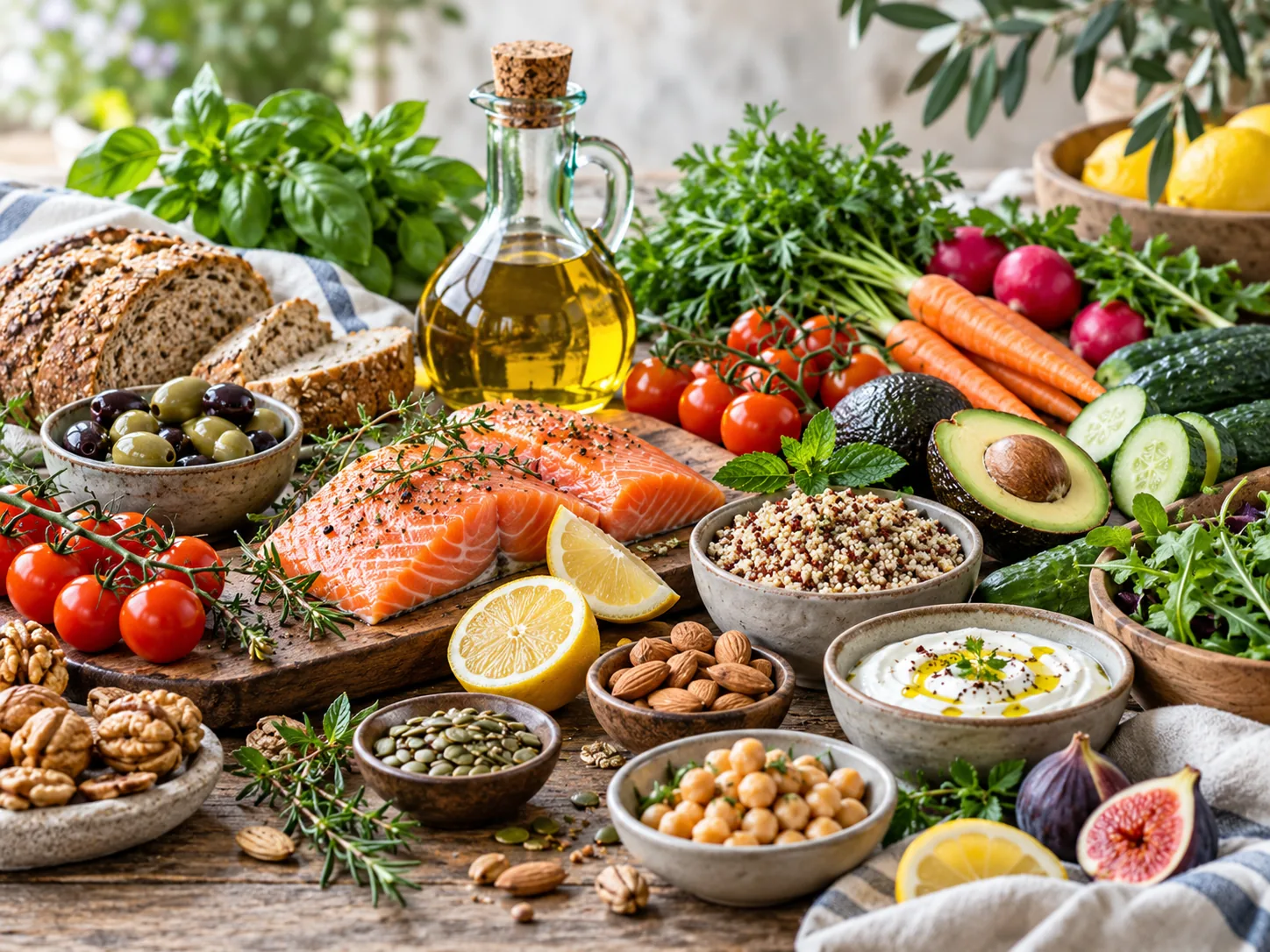Salmon, vegetables, olive oil, whole-grain bread, nuts and legumes arranged on a table.